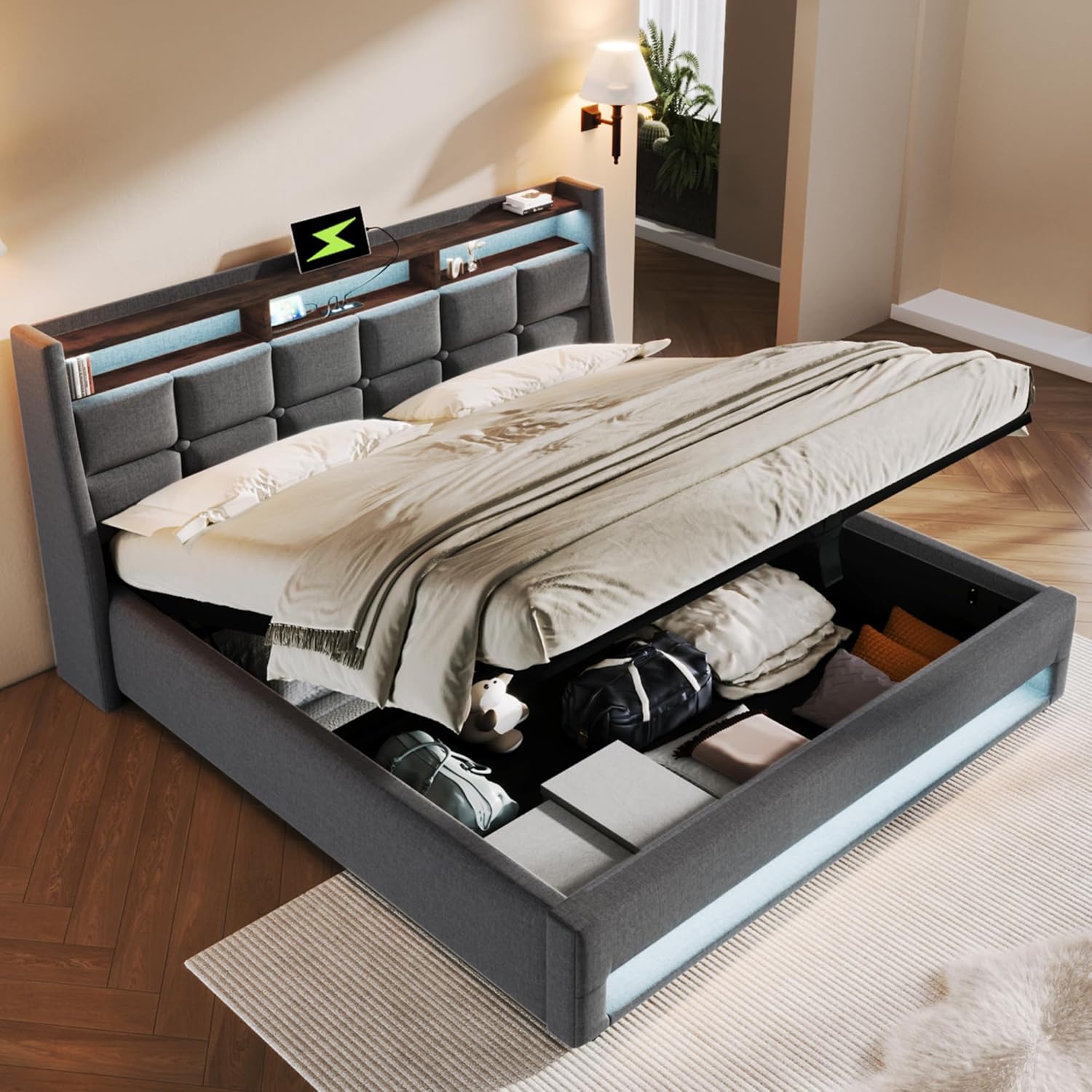 Boxspringbett mit Stauraum, Polsterbet 180x200 Doppelbett mit LED und 2 USB-Anschluss, Hydraulisch Stauraumbett Rückenlehne Bettgestell, Lattenrost aus Holz ohne Matratze, Grau
