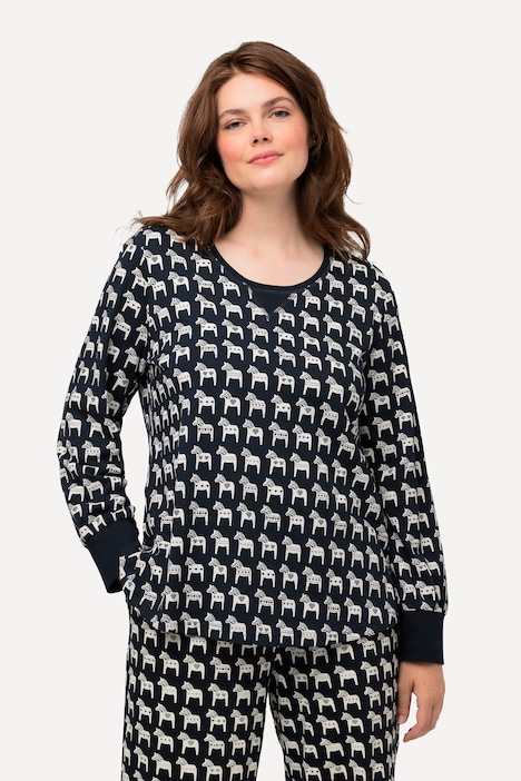 Pyjama-Shirt, Pferde, Rundhals, Langarm, Biobaumwolle