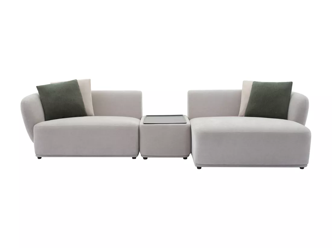 Canapé d'angle droit modulable avec tablette en tissu gris clair RANASO