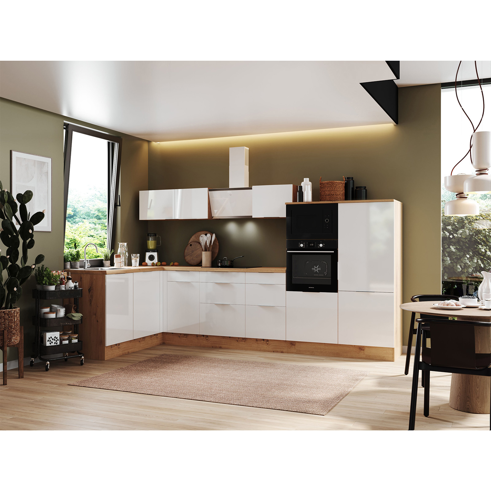 RESPEKTA Winkelküche - weiß Hochglanz - Artisan Eiche - mit E-Geräten - 340x175 cm