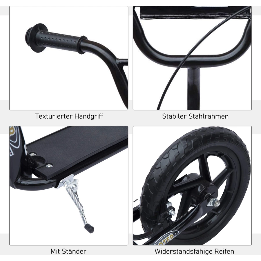 HOMCOM Kinderroller Anti-Rutsch Trittfläche, Metallfahrradständer zum Parken, schwarz