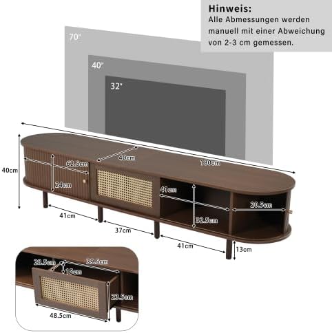 Merax TV Schrank Oval 180 cm, Lowboard aus MDF in Dunkel Walnussfarbe, Rattan Design, 1 Schublade, 2 Schiebetüren, Verstellbare Füße, TV Board für Wohnzimmer, Passend für 30 kg TV