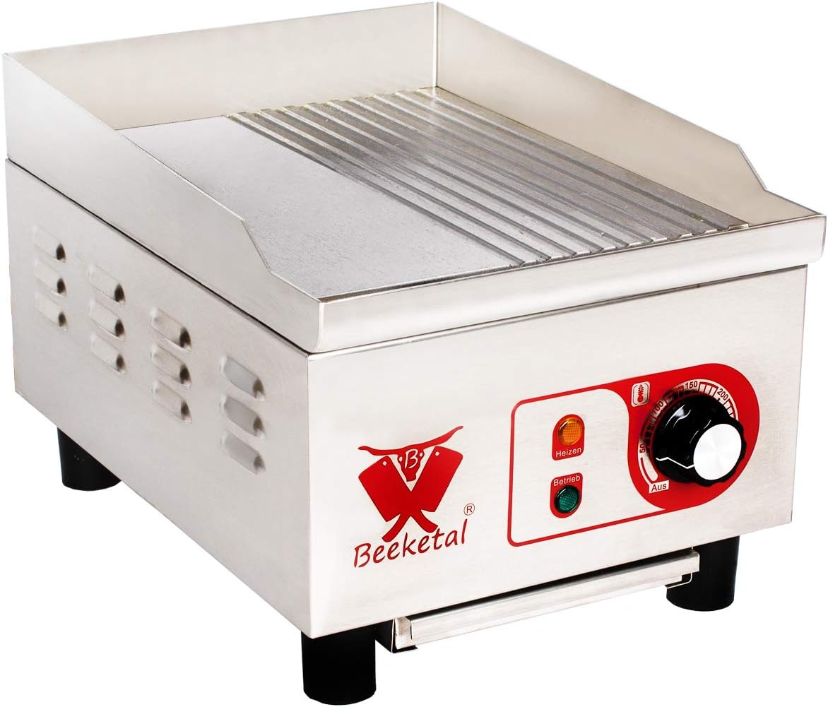 Beeketal 'BHGP-5' Profi Gastro Gusseisen Grillplatte elektrisch mit ca. 270 x 320 mm Grillfläche (glatt & gerillt), stufenlos 50-300 °C (1800W), Elektrogrill mit Spritzschutz und Fett Behälter