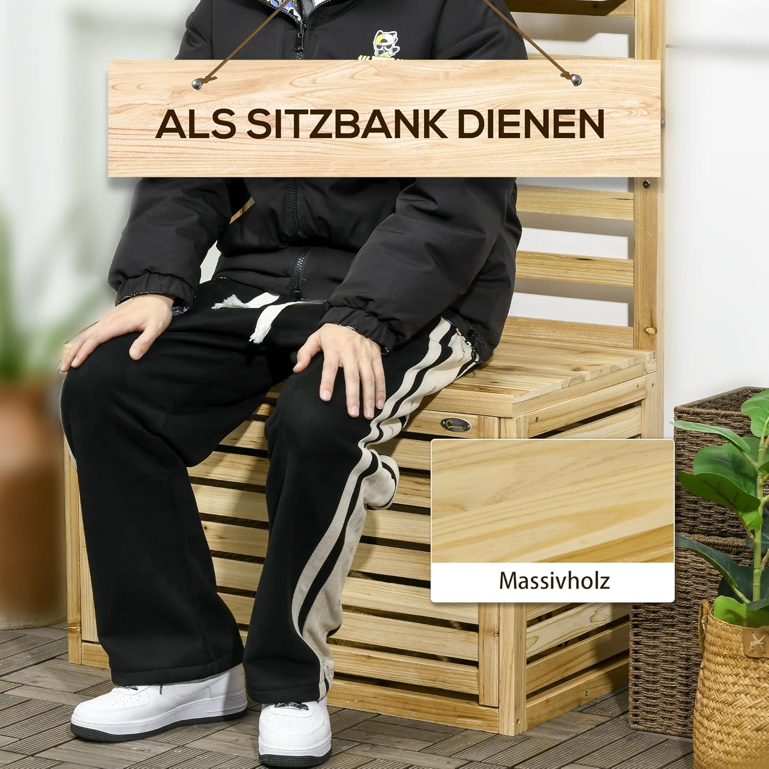 Outsunny Aufbewahrungsbox, Aufbewahrungstruhe mit Rankhilfe, Auflagenbox mit Ablagen, Gartentruhe, Kissenbox, Massivholz, Natur, 80 x 45 x 160 cm