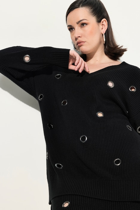 Pullover, Ösen, Oversized, V-Ausschnitt, Langarm