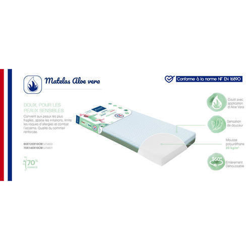 Matelas Aloé Vera Déhoussable 70x140x10 cm Blanc/Vert Olive - CANDIDE