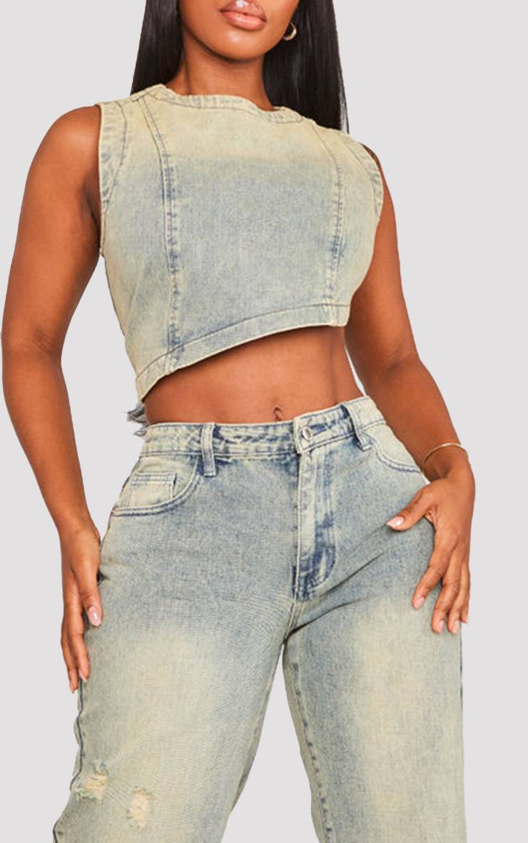 Indigo Vintage Wash Top Court Asymétrique En Denim Extensible Délavé Shape
