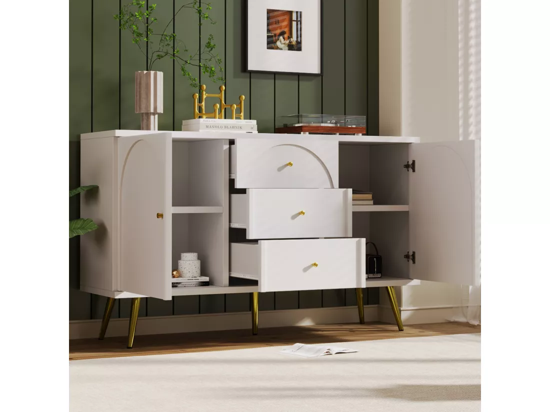 Commode avec 2 portes et 3 tiroirs, 140 x 40 x 84 cm, Panneaux de particules + métal, Blanc crème