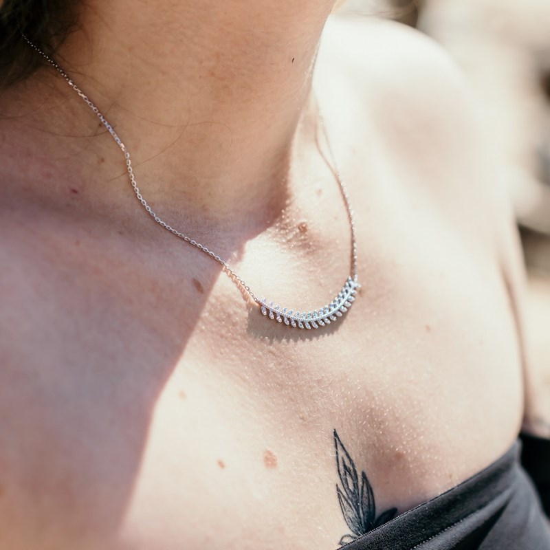 Collier Fin Argent Tendance Feuilles de Laurier Epis de Blé Zirconium