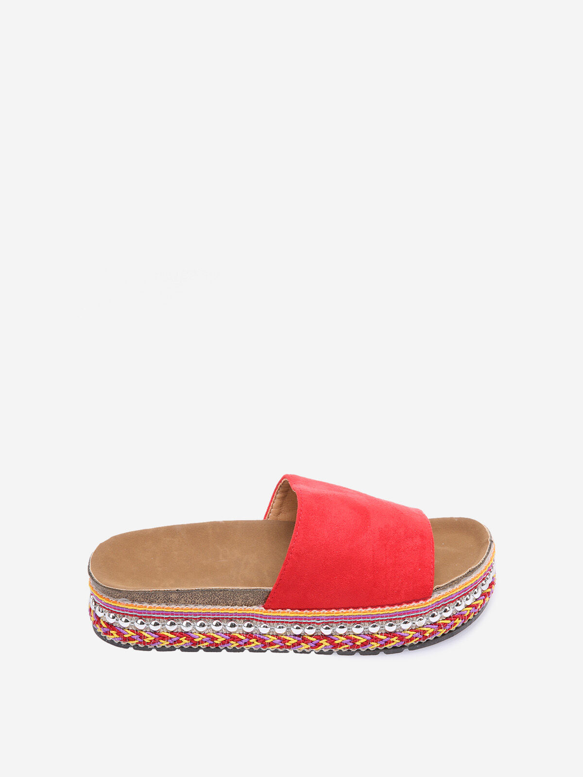 Mules à semelles cloutées et à motifs ethniques- Rouge