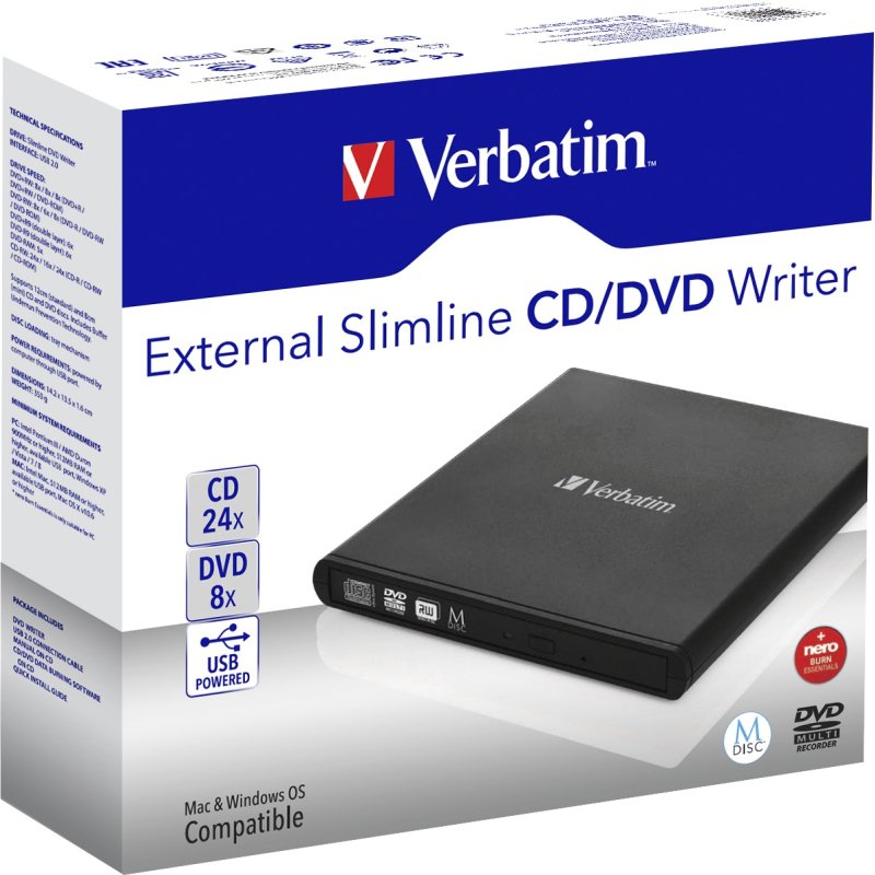Verbatim Slimline CD/DVD lecteur de disques optiques DVD-RW Noir