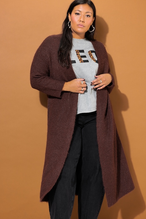 Long-Strickjacke, oversized, offene Form, Langarm