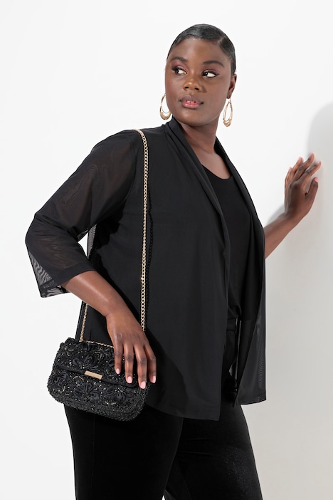 Mesh-Jacke, offene Jacke, Schalkragen, 3/4-Arm
