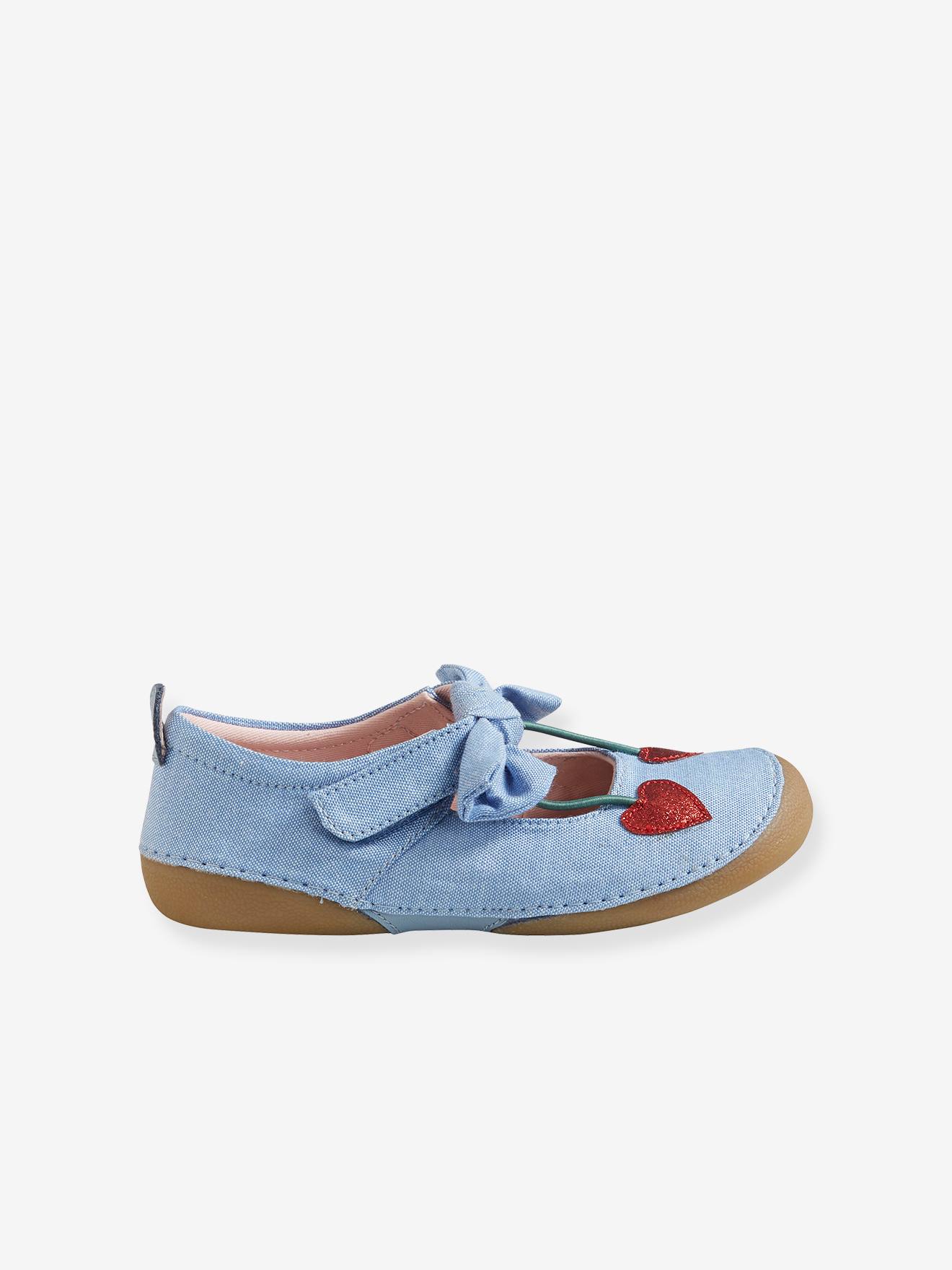 Pantufas de lona com sola autoadesiva, para meninas, lisas, azul claro com estampas.