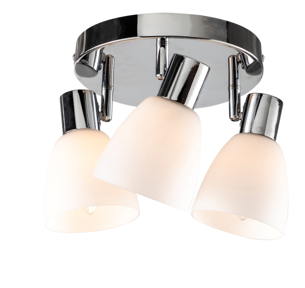 Brava taklampe Krom med 3 spotter med hvitt glass.