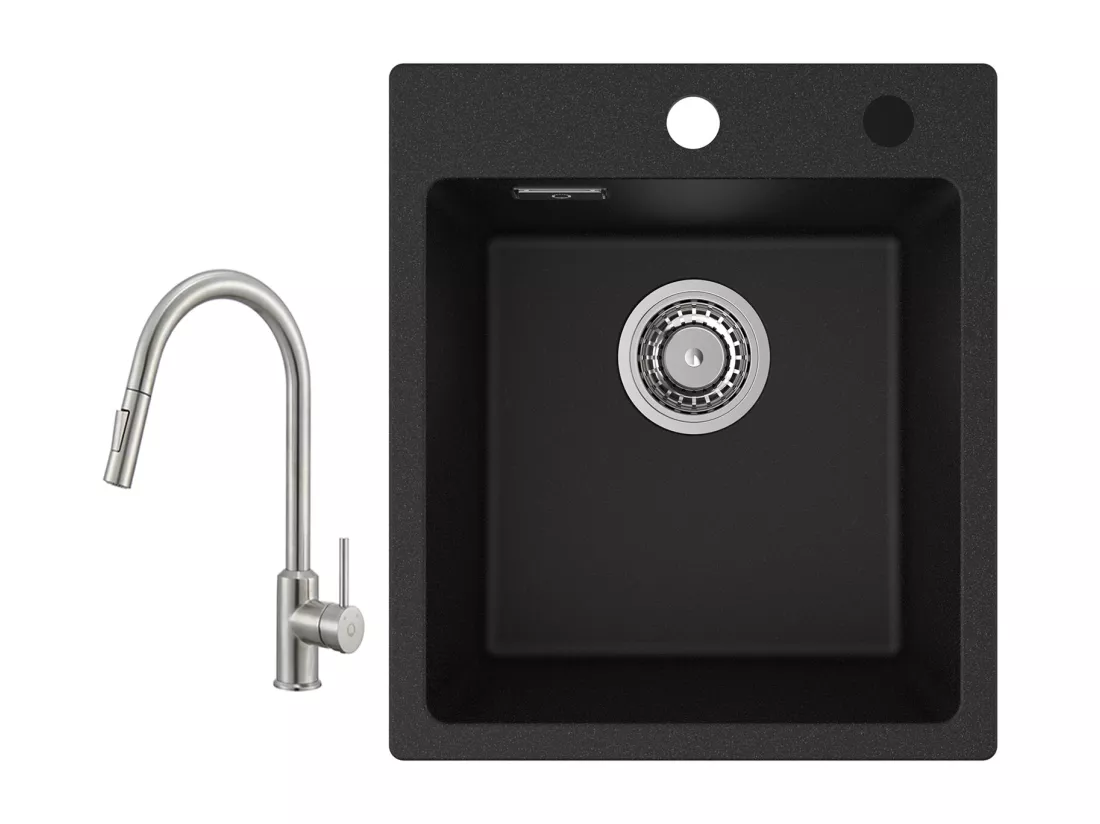 Cecipa max 40x45cm Evier de Cuisine en Quartz et Résine Evier Quartz 1 Bac Noir + Mitigeur avec Douchette Extractible - 2 Modes de Sortie D'eau