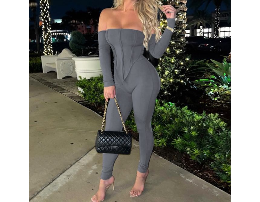 Ragom - Set: Lange mouwen off-shoulder effen asymmetrische slim fit top + legging