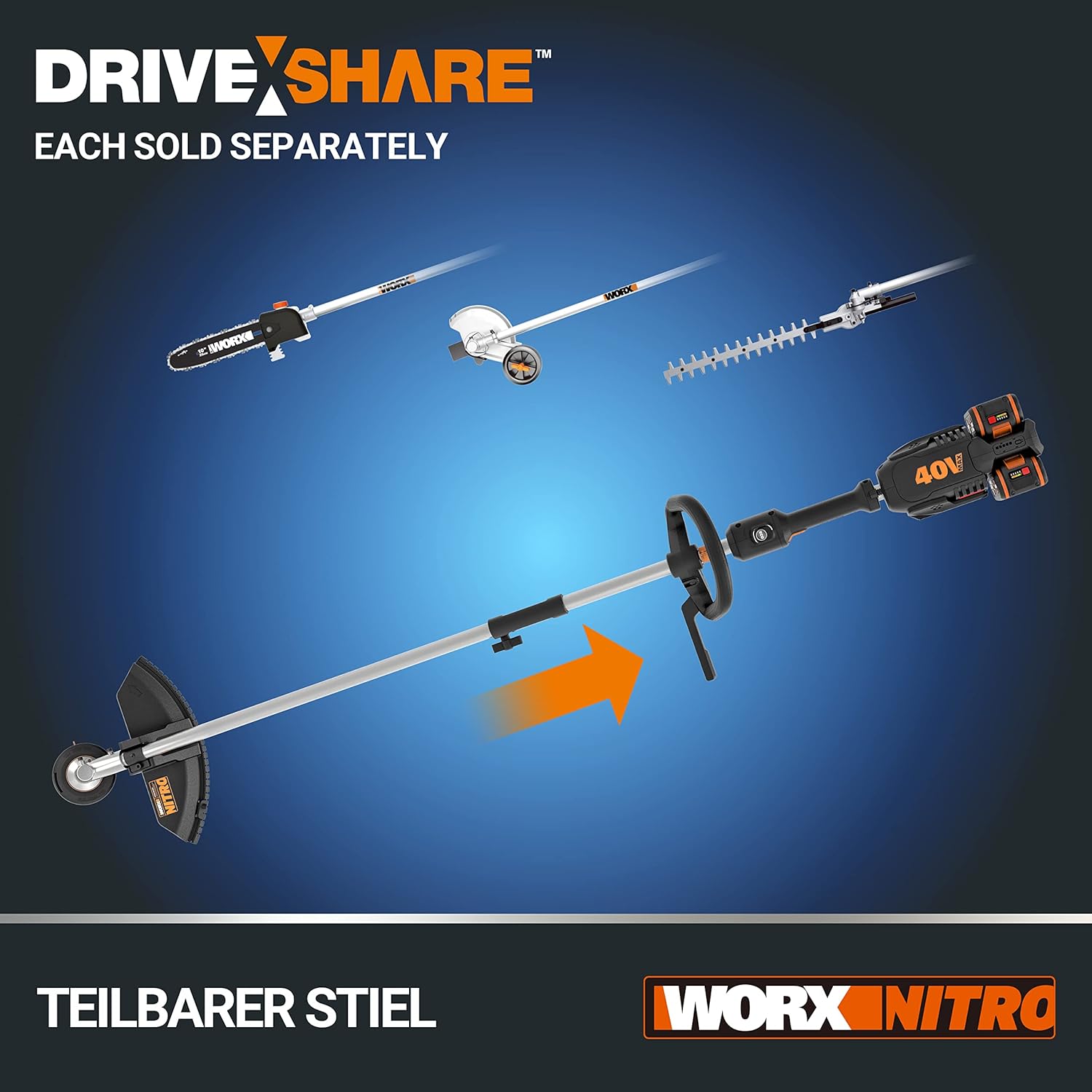 WORX Nitro WG186E.92 Akku Sense Rasentrimmer & Freischneider 40V (2x20V) - leistungsstarker bürstenloser Motor - Diverse Aufsätze - schneller Fadenwechsel - 38cm SchnittkreisØ - ohne Akku & Ladegerät