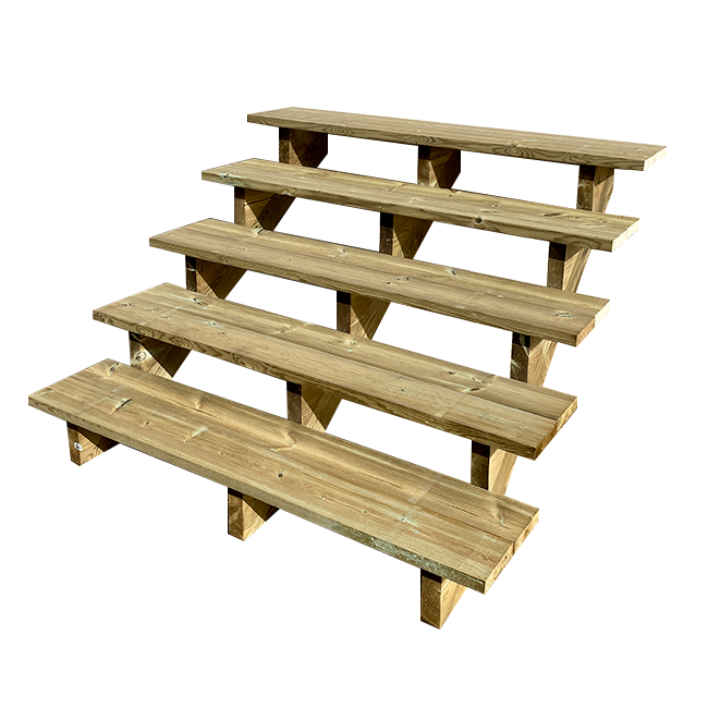 Buitentrap, tuintrap, terrastrap, hout, 88 cm hoog, 5 treden, 120 cm breed, ZONDER stootborden
