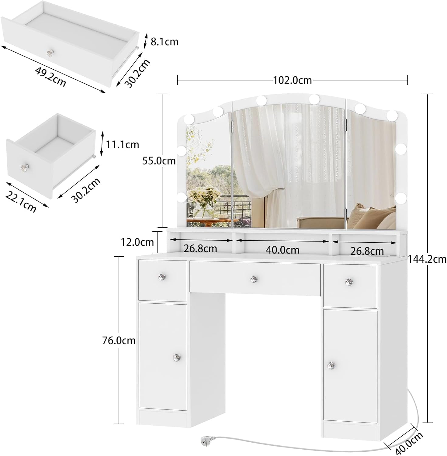 FIONESO Schminktisch mit 3 klappbaren Spiegeln, Schminktisch mit 10 LED-Leuchten und Steckdosen, Frisiertisch mit 3 Schubladen und Zwei Schränken, für Frauen, Schlafzimmer, Weiß