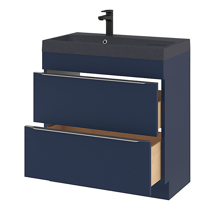 Ensemble salle de bains l.80 cm meuble à poser Imandra bleu nuit mat + plan vasque résine noir