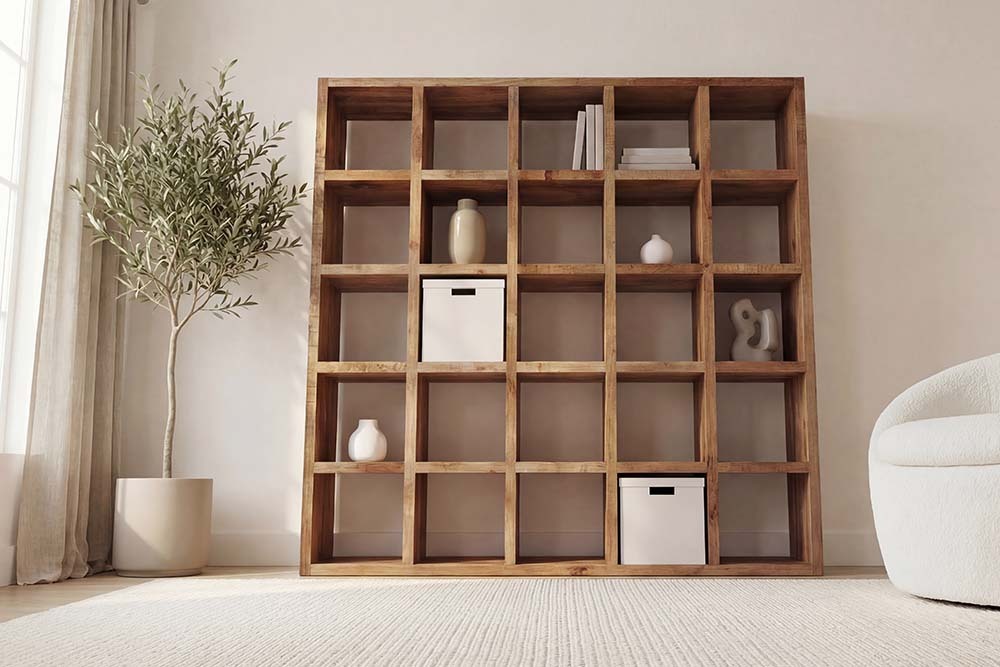 Massives Regal IRON CRAFT 200cm natur Mangoholz Bücherregal 25 Fächer