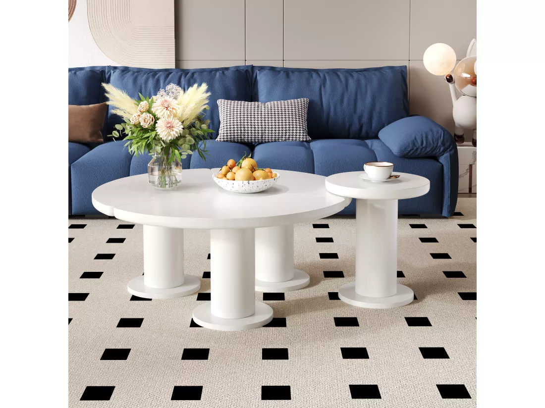 Lot de 2 tables basses rondes - D 100 x H 40 cm + D 39.8 x H 42.2 cm - Bois MDF - Blanc