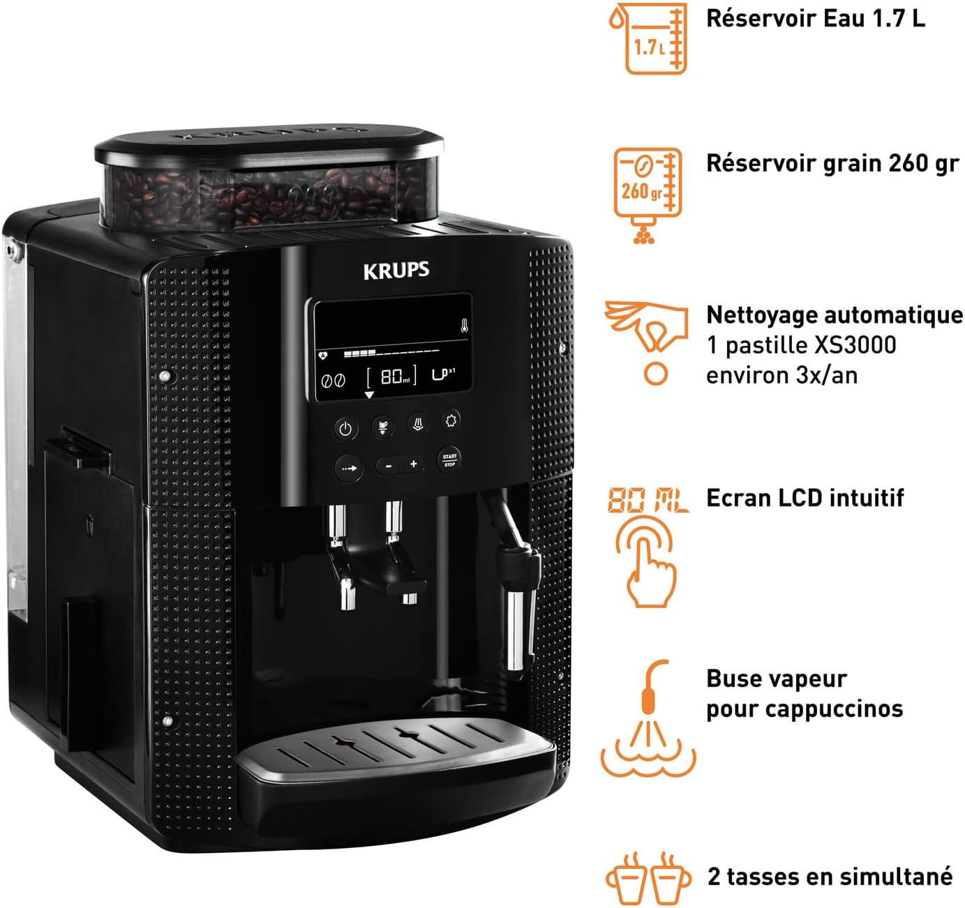 Krups Machine à café grain, 2 expressos simultanés, Ecran LCD, Cafetière espresso compacte, Nettoyage automatique, Buse vapeur pour Cappuccino, Essential noire YY8135FD, Noir