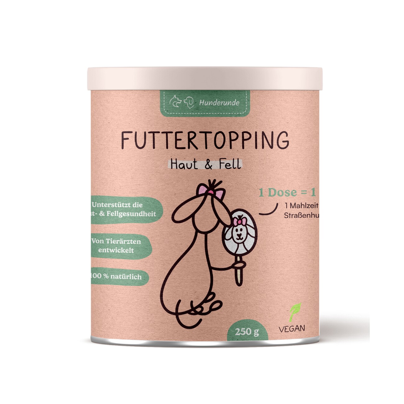 Hunderunde Futtertopping - Haut & Fell - Glänzendes Fell, Gesunde Haut, Natürliche Zutaten, vegan 250 g