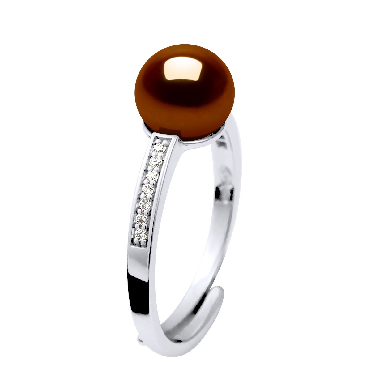 Bague Ajustable Perle d'Eau Douce 7-8 mm Chocolat et Oxydes de Zirconium Argent 925