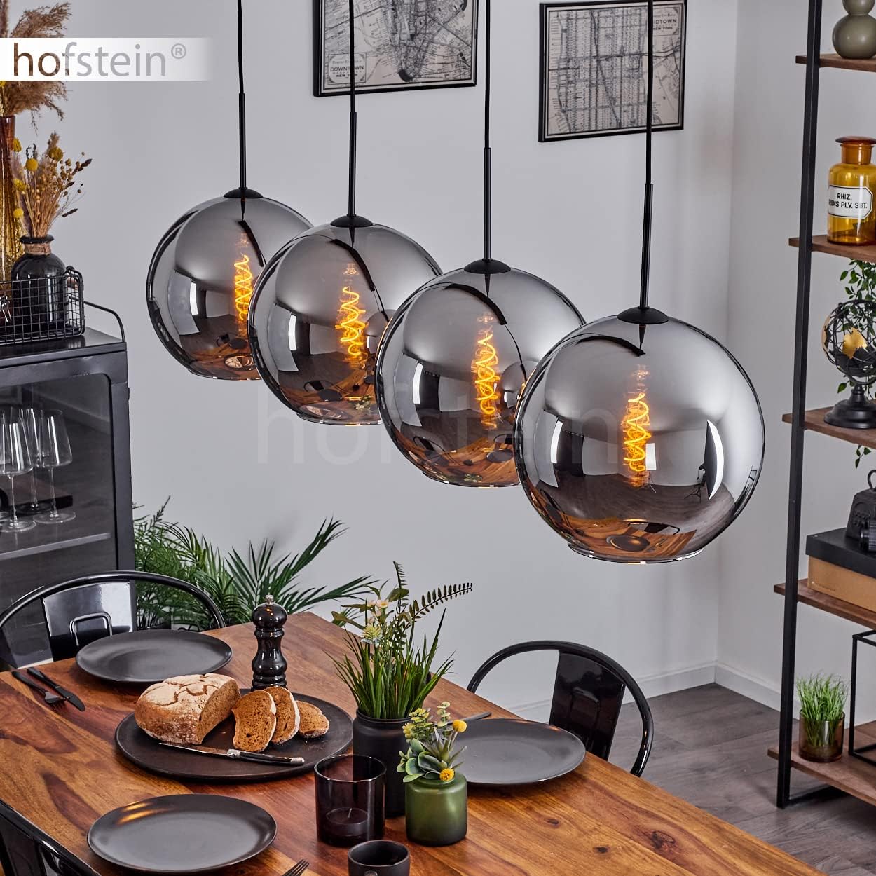 Hängeleuchte Koyoto, Hängelampe aus Metall/Glas in Schwarz/Chromfarben, Leuchte 4-flammig im Vintage/Retro Design mit Schirmen aus Glas (Ø 30 cm), Höhe max. 152 cm, 4 x E27, ohne Leuchtmittel