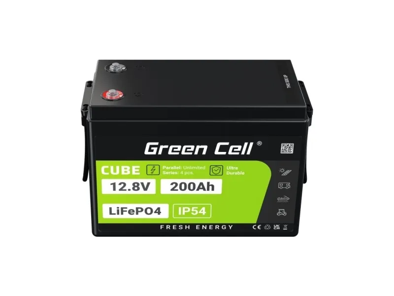 Green Cell LFPGC12V200AH, Lithium jern fosfat (LiFePO4), 12,8 V, Sort, Grøn, 200 At, 2560 Wh, 10 År