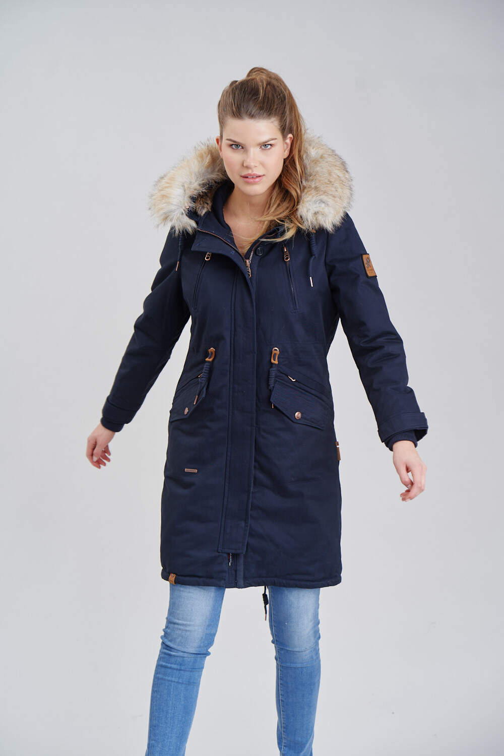 NAVAHOO Damen Designer Langer Wintermantel Parka mit Kunstfell-Kapuze Kin-Joo