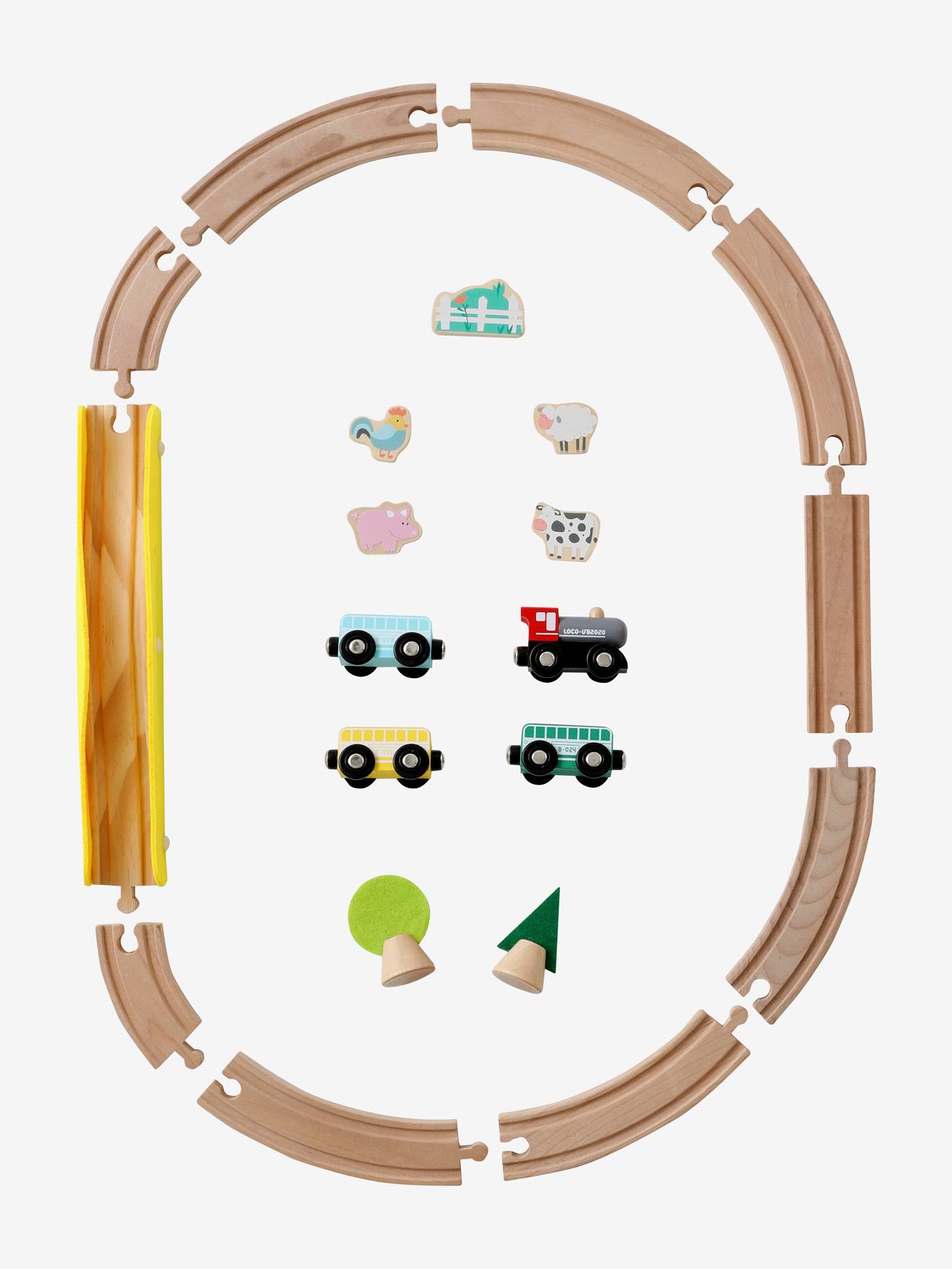 Pequeno circuito de trem de madeira multicolorido
