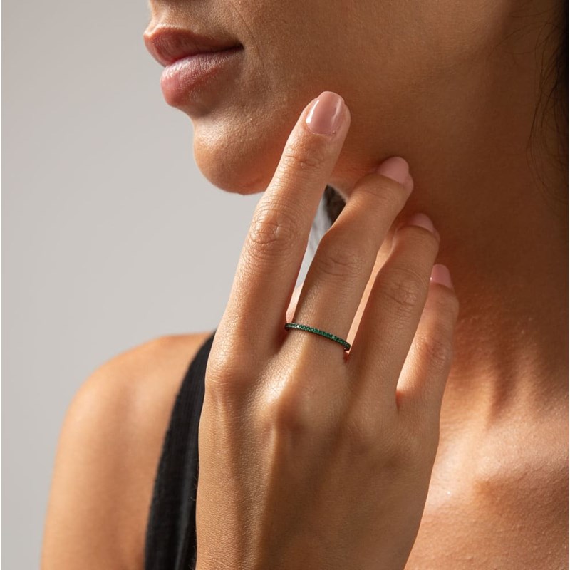 Bague Argent Anneau Scintillant Noir Pierre Verte