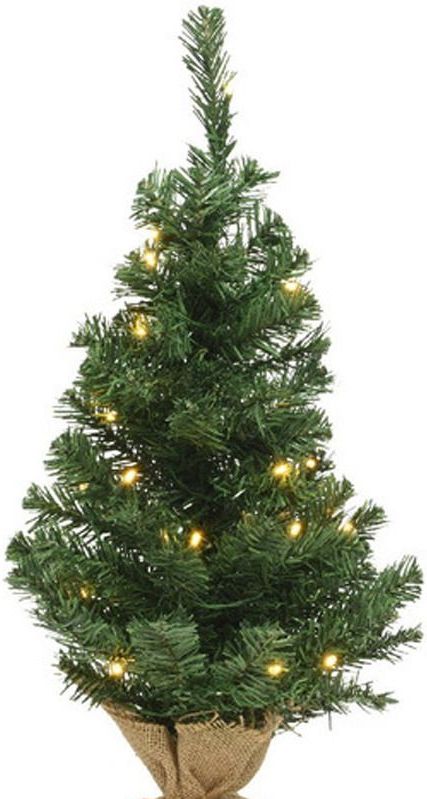 Kunst kerstboom groen 60 cm met verlichting en gouden pot - Inclusief jute zak en 20 LED lampjes