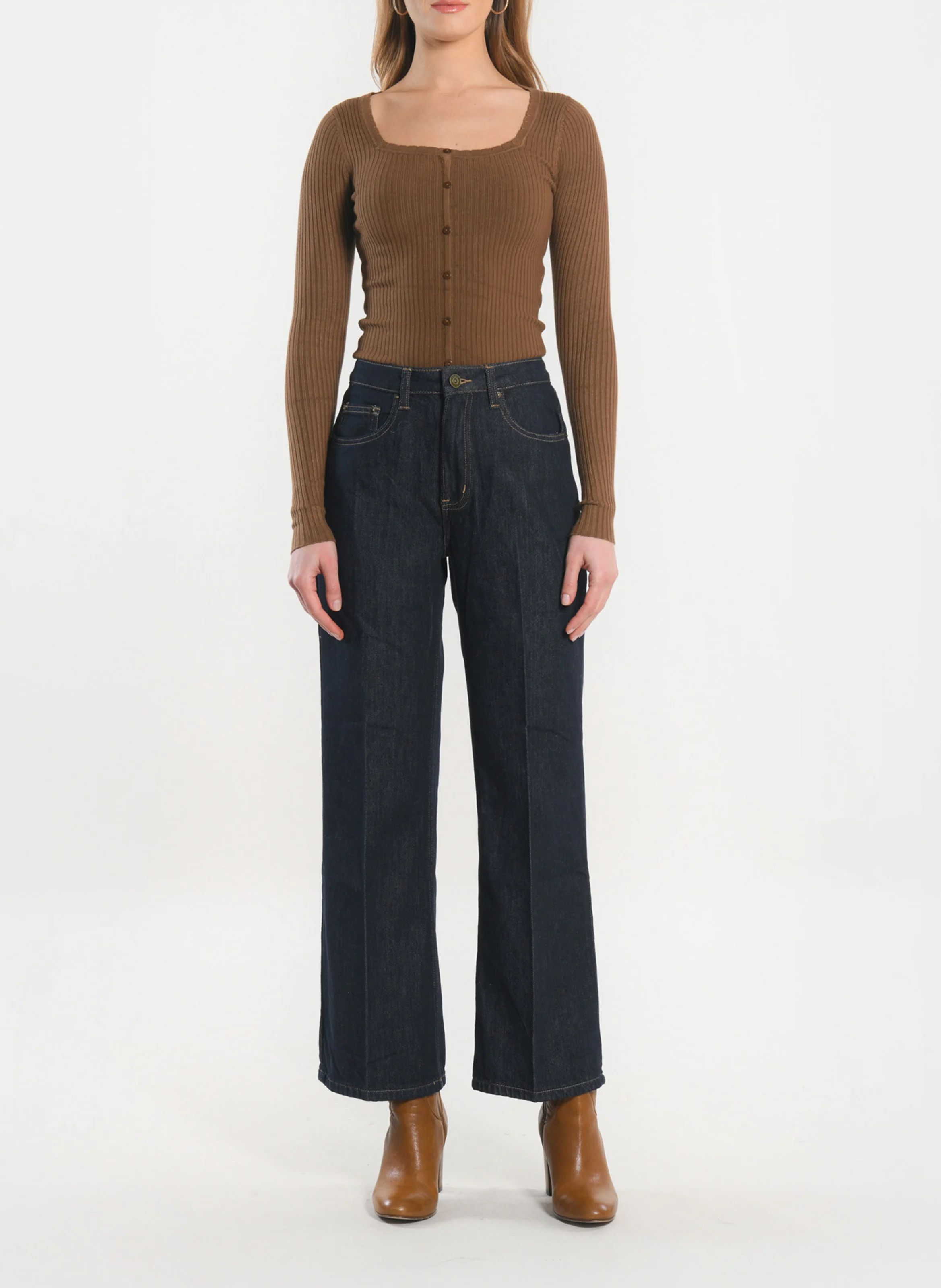 STACY - Jean cropped évasé en coton mélangé | Noir
