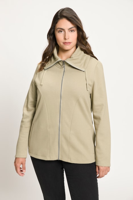 Sweatjacke, drapierter Stehkragen, Kunstleder-Details