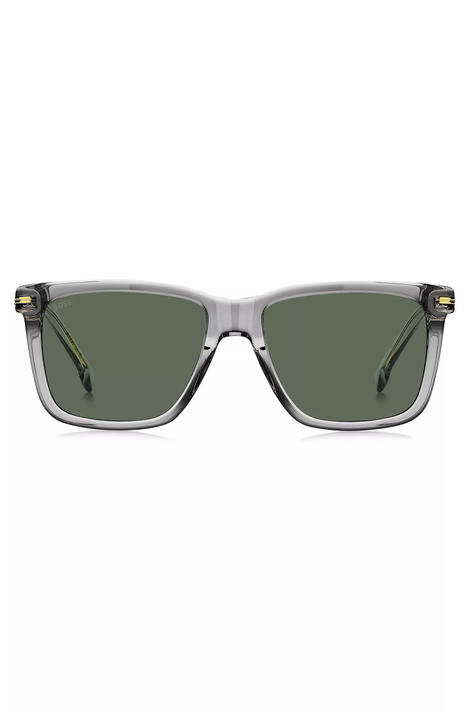 Óculos de sol BOSS em acetato preto transparente com detalhes exclusivos.