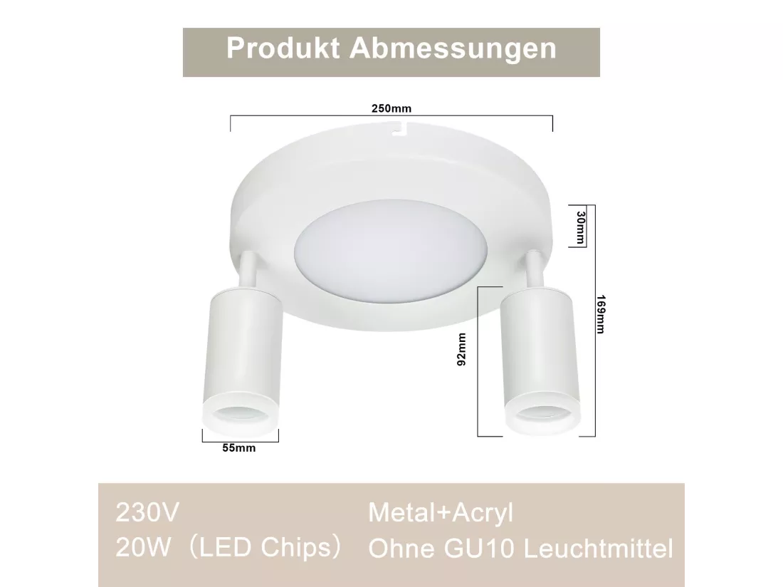 NETTLIFE Spot de plafond 2 ampoules GU10 20W chambre 3000k Pivotant Pivotant en métal à 350°
