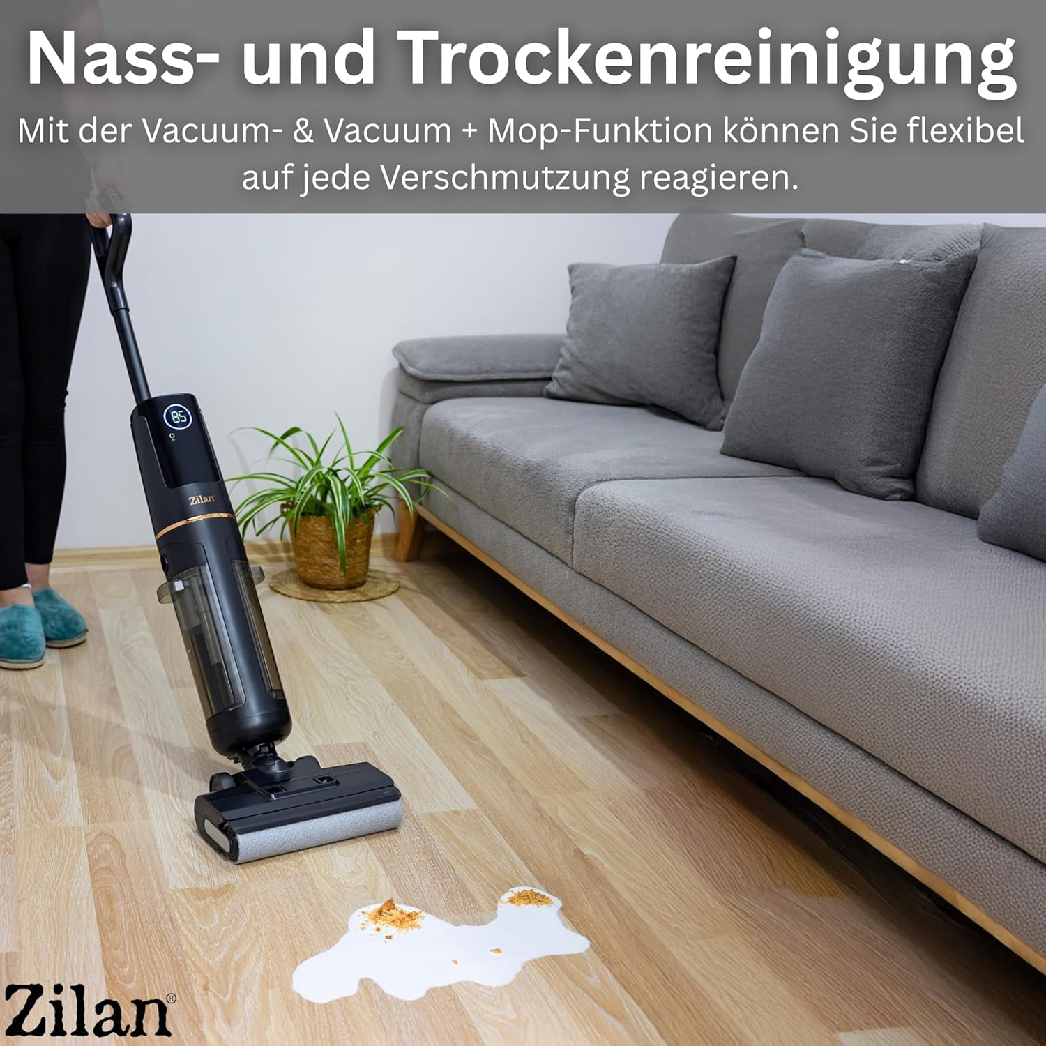 Zilan Akku Nass-Trockensauger mit Wischfunktion – Kabelloser Wischsauger & Staubsauger, Nass-Trocken-Sauger 2-in-1 Saugwischer Akkusauger Bodenreiniger für Alle Hartboden, BLDC-Motor Selbstreinigung