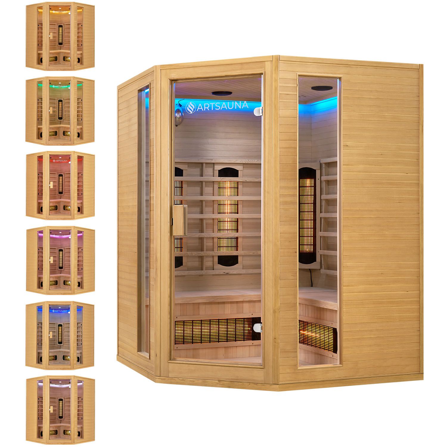 Artsauna Eck Infrarotkabine Nyborg E150V Vollspektrum mit Ambiente Beleuchtung – 4 Personen