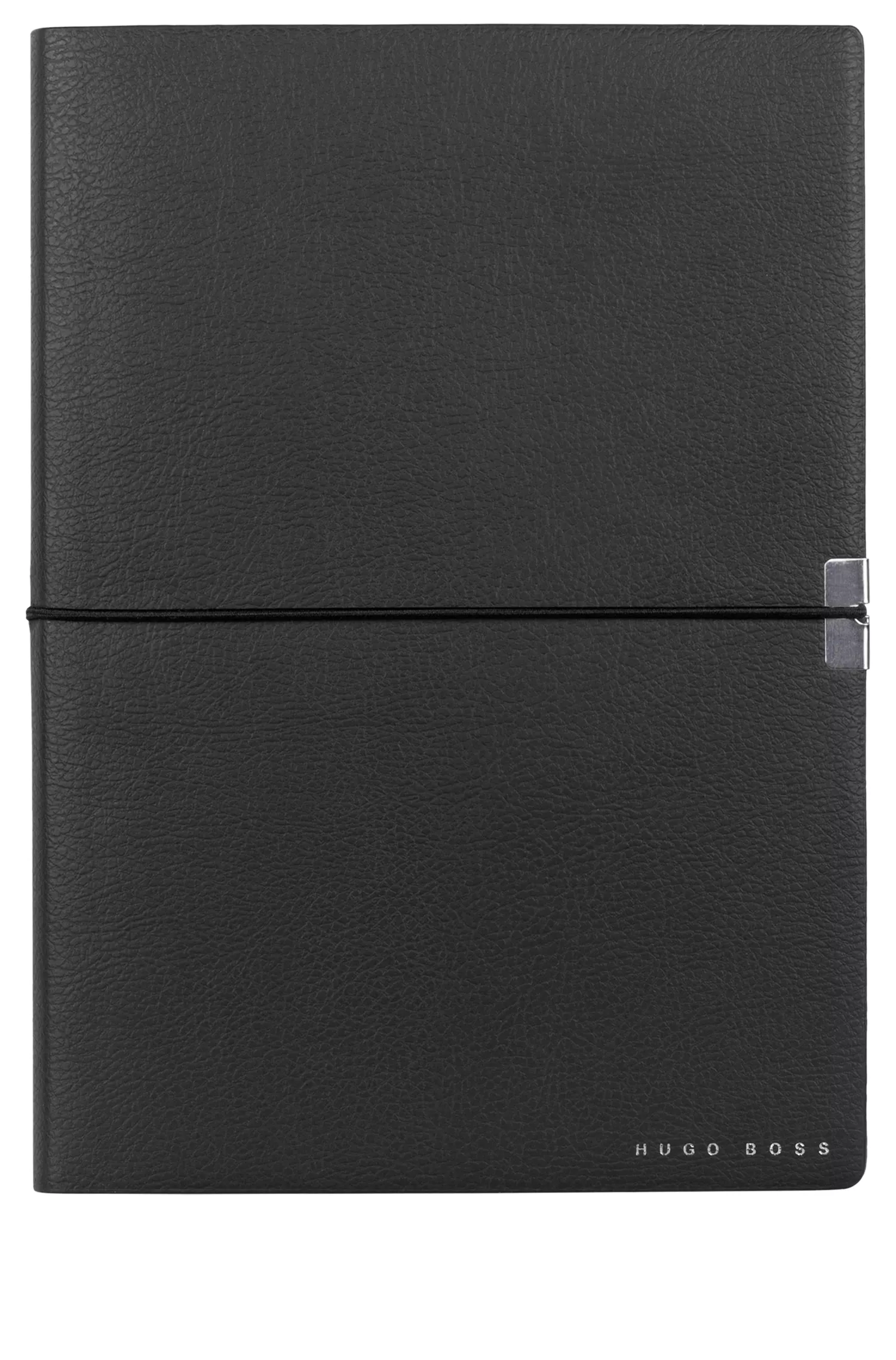Caderno BOSS Black-A5 em couro sintético preto com elástico.