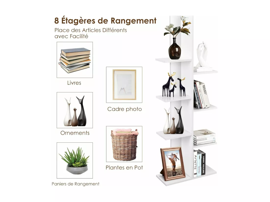 Bibliothèque forme arbre à 8 niveaux, étagère de rangement pour enfants/adultes, blanc