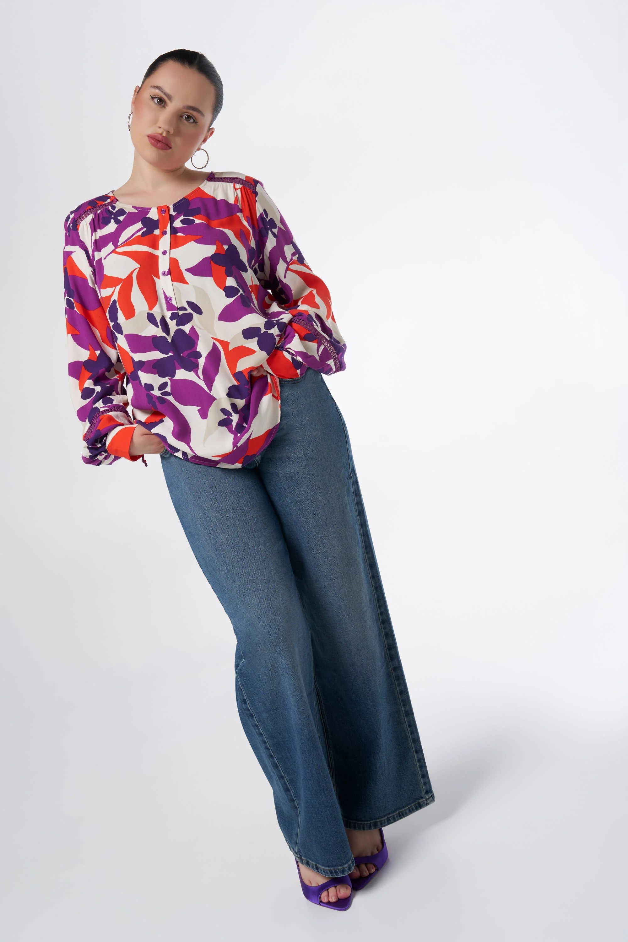 MS Mode blouse met bladprint paars/wit/oranje