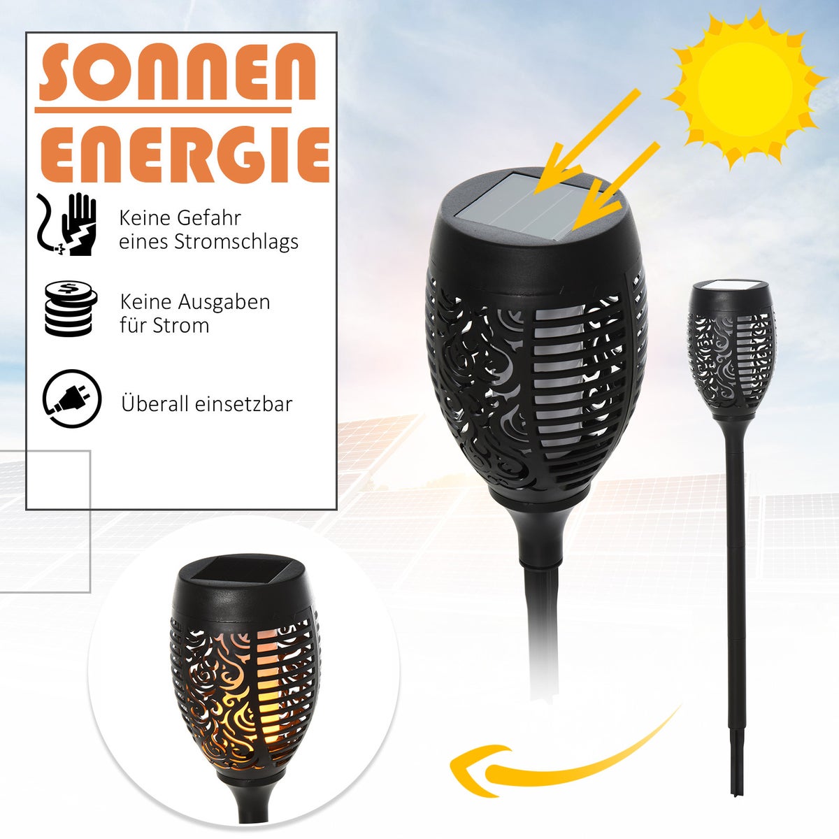 Outsunny Solar Lights, Tuinverlichting, Set van 4 Lampen, 6-8 uur, IP44 Waterdicht, Ø12 x H72 cm, Kunststof, Zwart