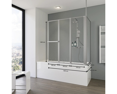 3-delige badwand met zijpaneel SCHULTE Komfort 1290,0 x 140 cm, glasdecor druppel, profielkleur aluminium D1603-B 01 01 140