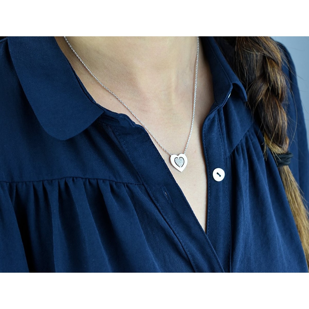 Collier coeur ajouré d'un autre coeur serti d'oxyde de zirconium Argent 925 Rhodié