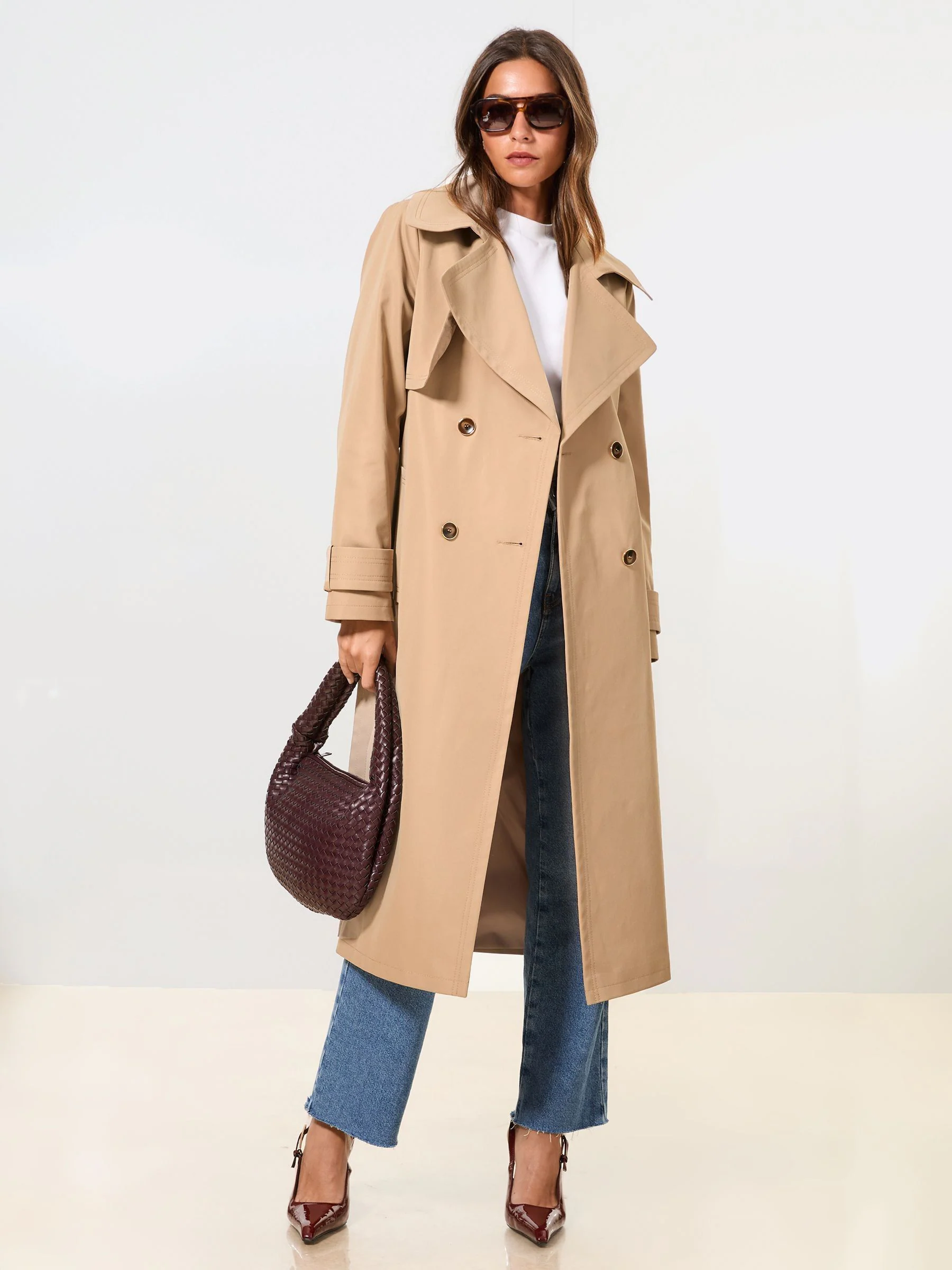Regenbestendige camel - Lipsy Ruimvallende Lange Trenchcoat