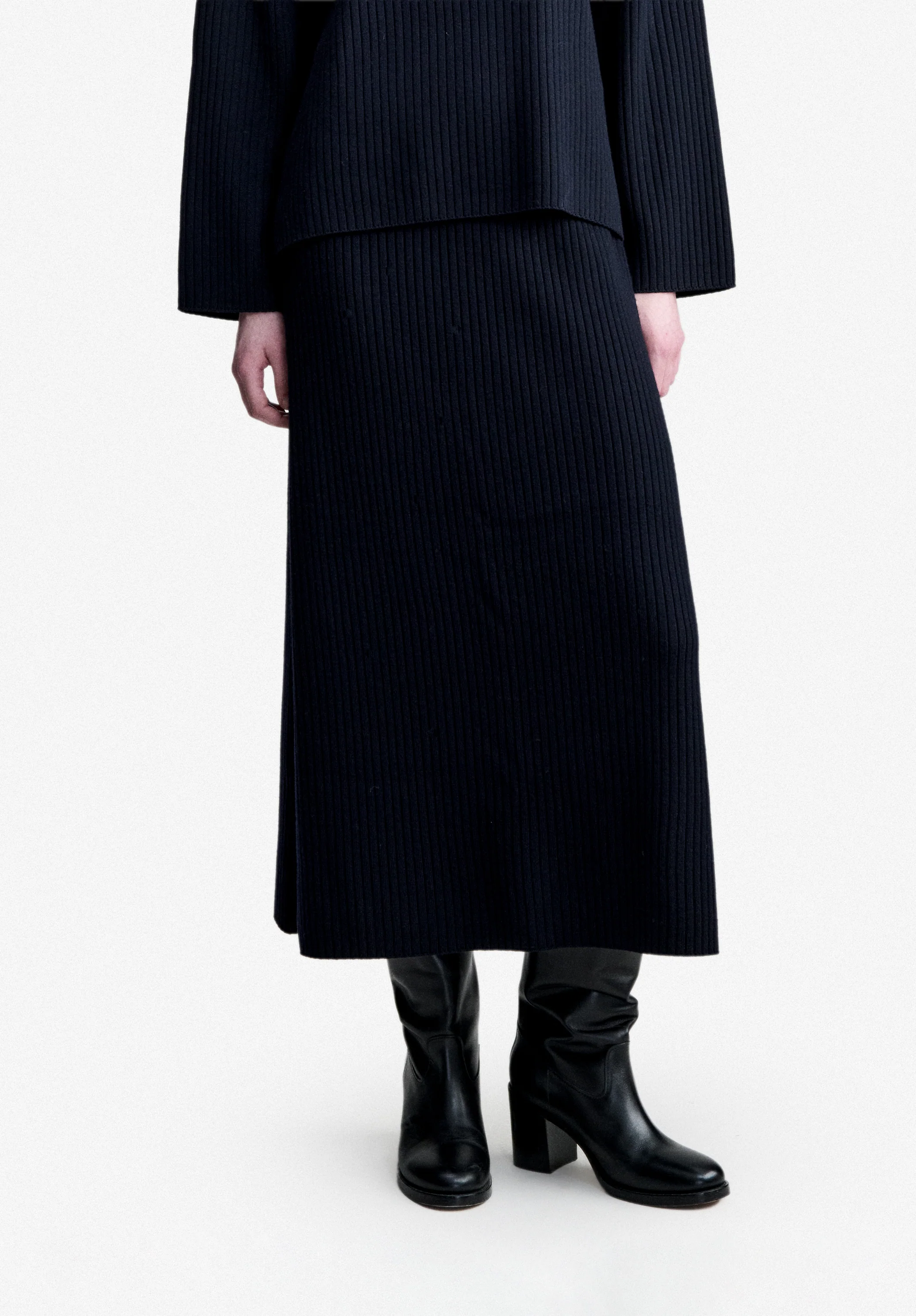 Jupe longue en laine mérinos bleu marine - Dark navy